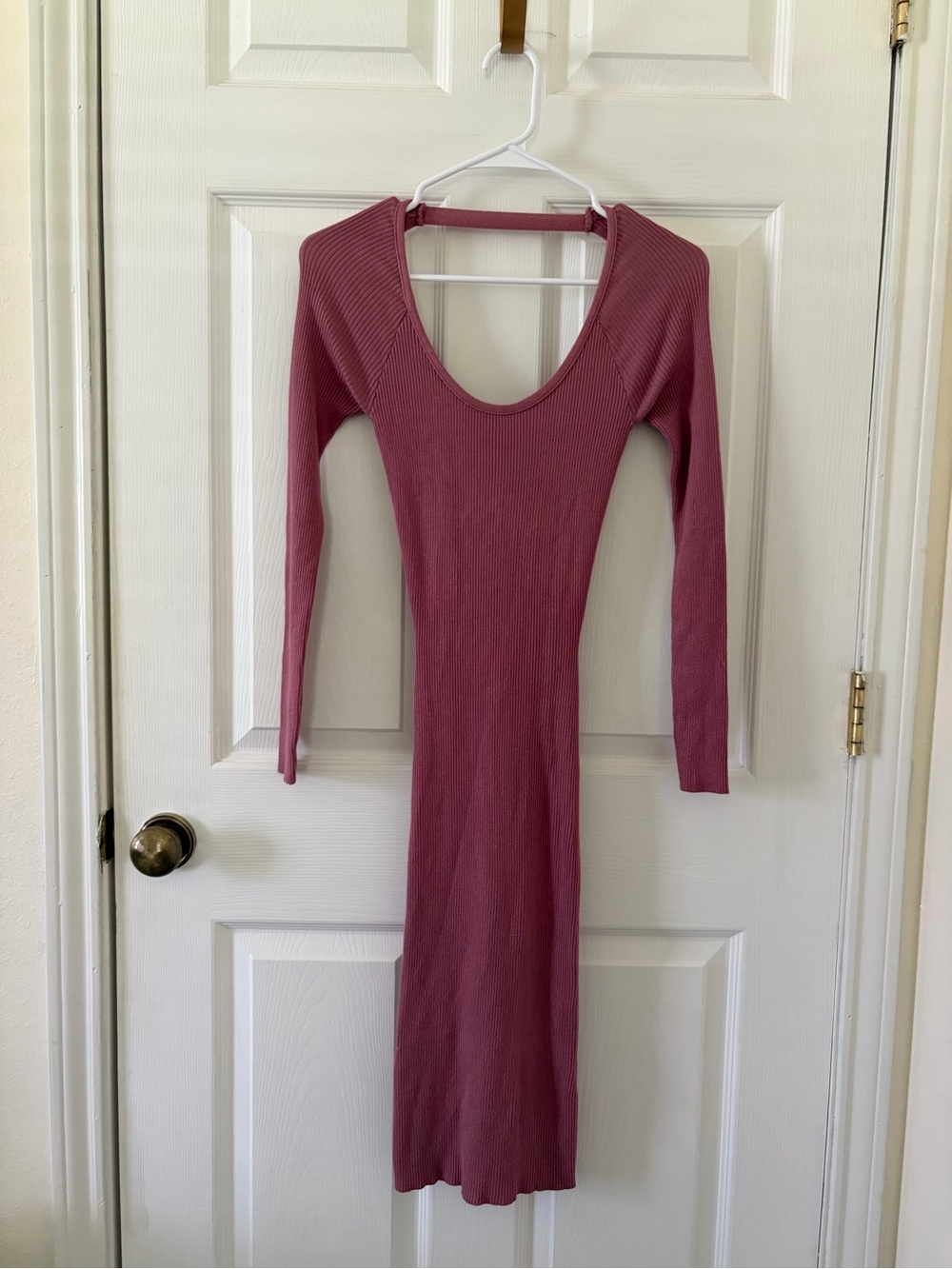 Love J Ribbed Scoop-Back Long Sleeve Dress - Mauve Pink